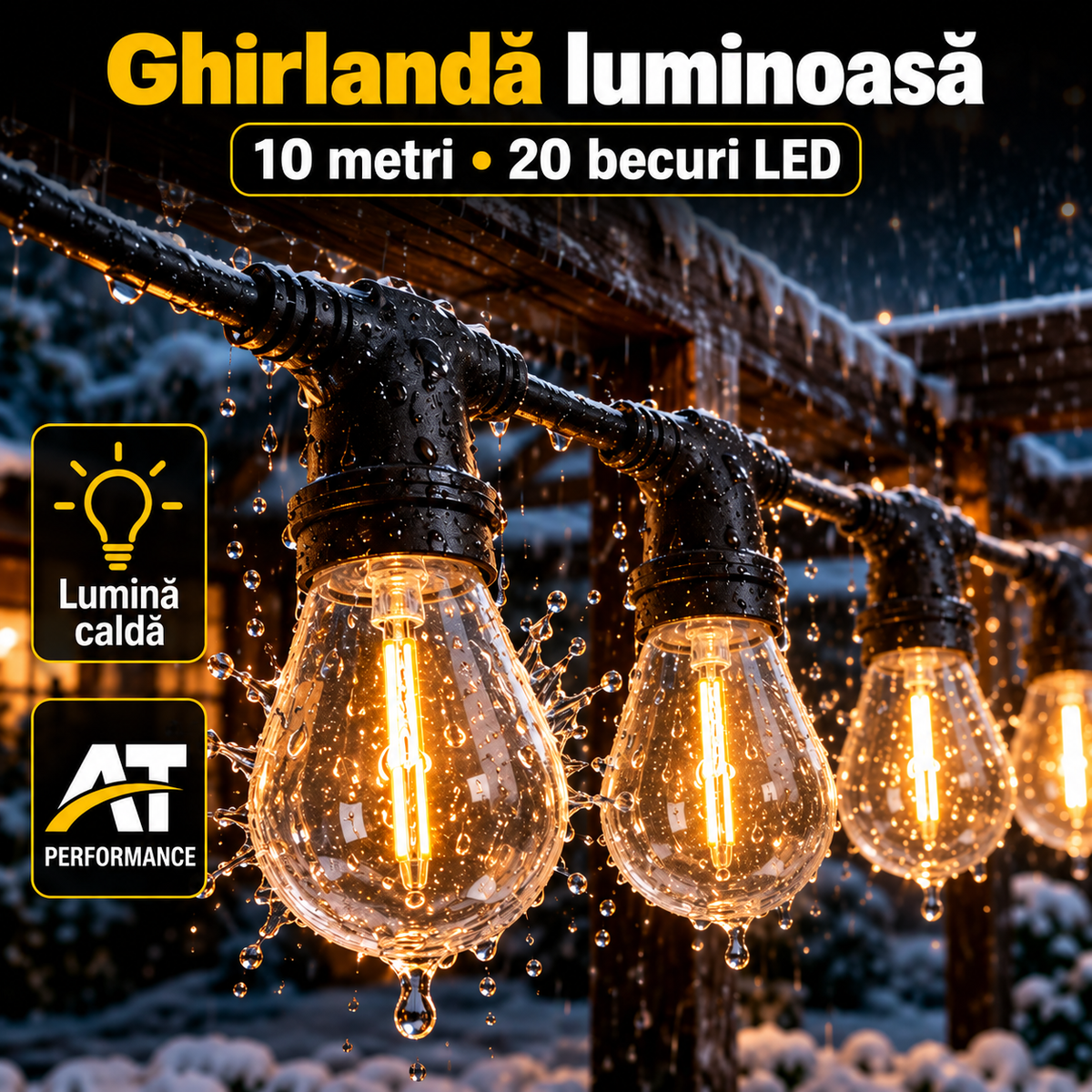 Ghirlandă AT PERFORMANCE AT-2132 – banner corectat: 10 metri, 20 becuri LED, lumină caldă