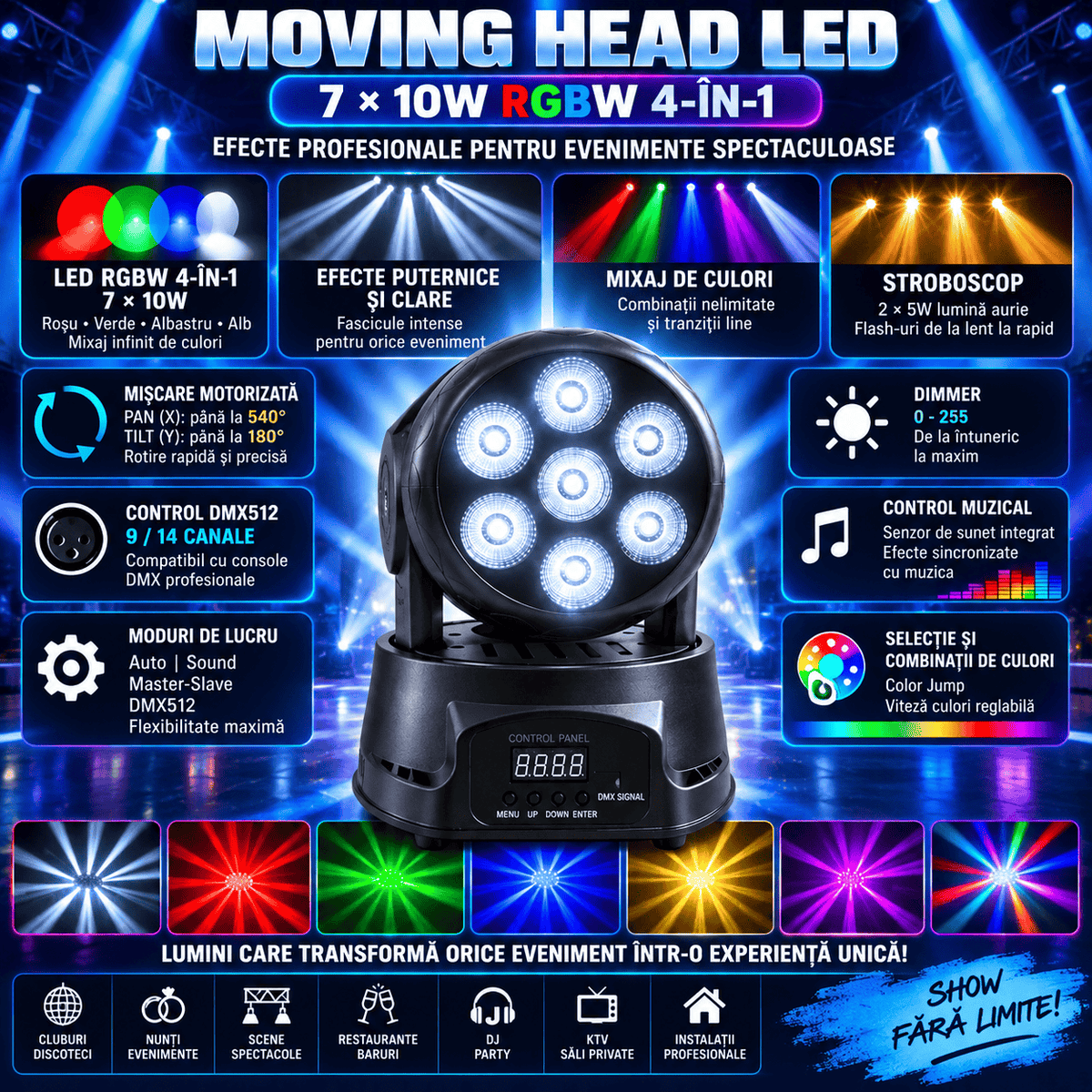 Moving Head LED Profesional 7×10W RGBW 4-în-1, 80W, DMX512 9/14 Canale, PAN 540° / TILT 180°, Stroboscop, Dimmer, Control Muzical, Auto și Master-Slave