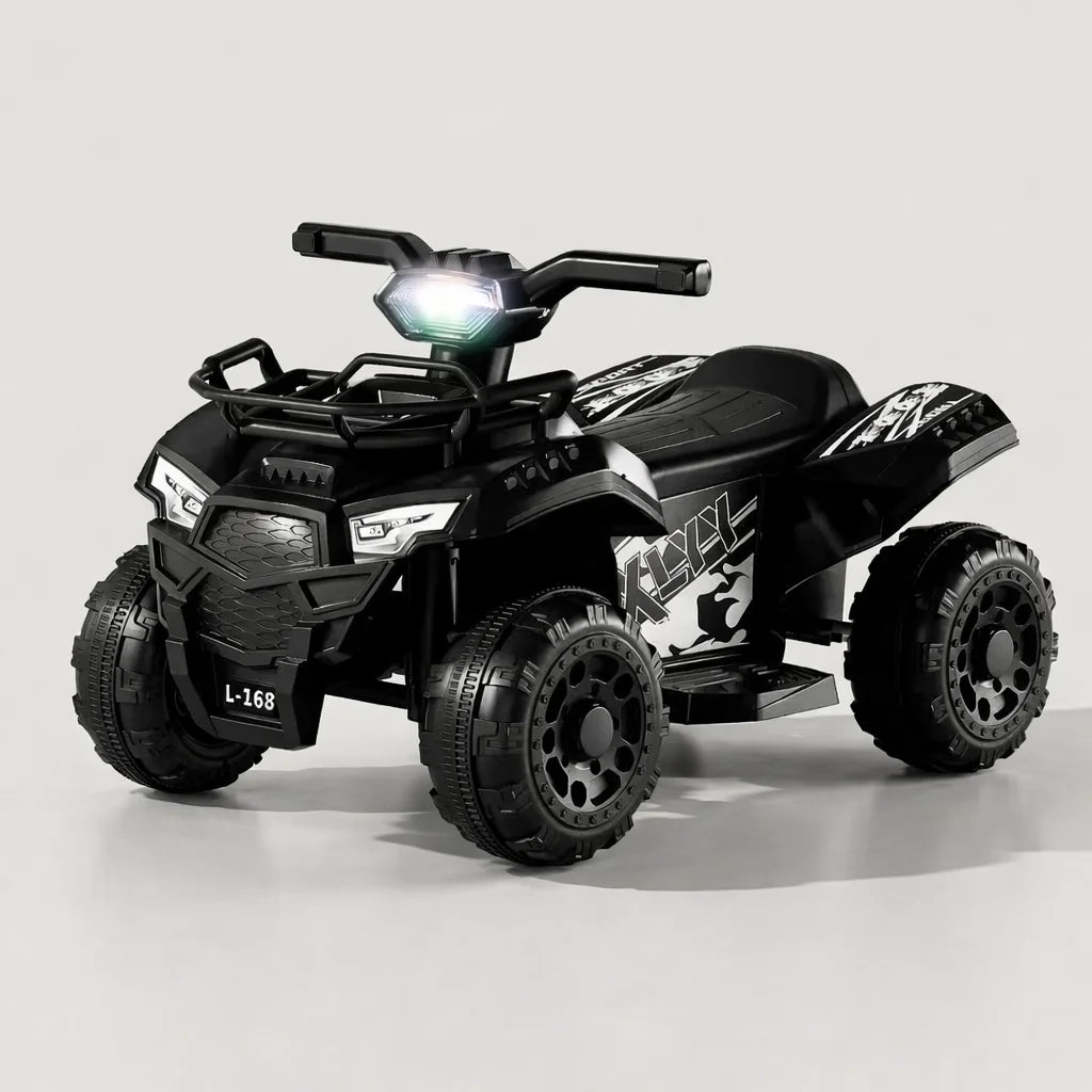 ATV electric KIDOO® L-168 negru cu farul aprins, pe fundal gri