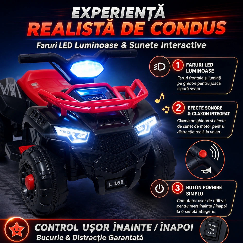 Prezentare a luminilor și comenzilor ATV-ului electric KIDOO® L-168 roșu
