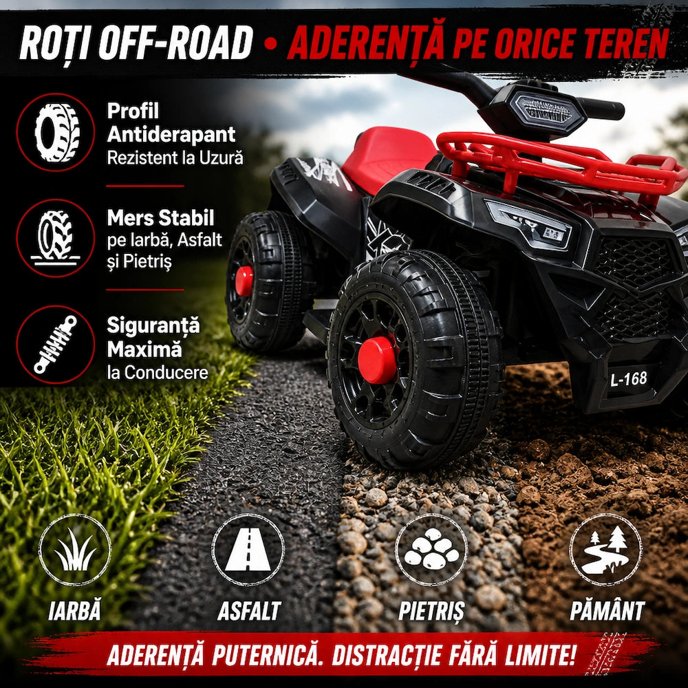 Prezentare a roților ATV-ului electric KIDOO® L-168 roșu pe diferite suprafețe