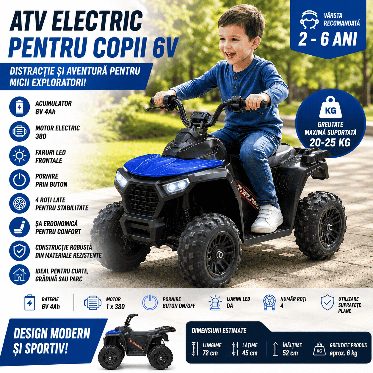 ATV Electric KIDOO pentru Copii 6V, Motor 380, Faruri LED, Pornire cu Buton, Design Off-Road, Albastru