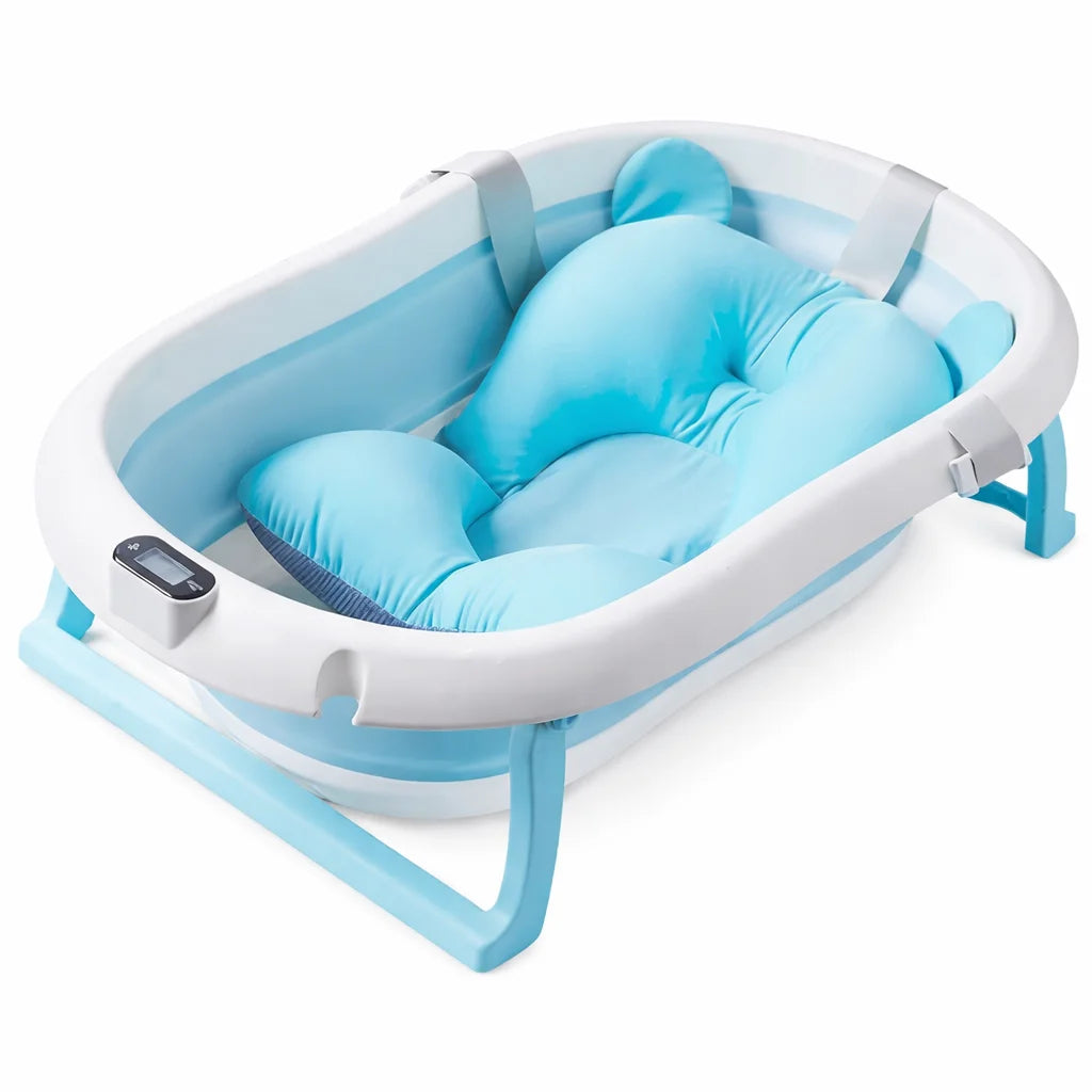 Cadita pliabila KIDOO albastra pentru nou nascuti cu pernita si termometru incorporat