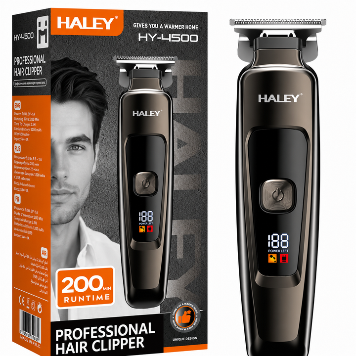 Mașină Profesională de Tuns și Contur HALEY HY-4500, Acumulator 1200mAh, Autonomie 200 Min, Lamă din Oțel, Display Digital, Reîncărcabilă