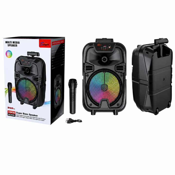 Boxă Portabilă Bluetooth Sing-e® ZQS8188, 200W PMPO, Difuzor 8", Microfon Wireless, LED RGB, USB, TF Card, FM Radio, Telecomandă, Acumulator 3000mAh
