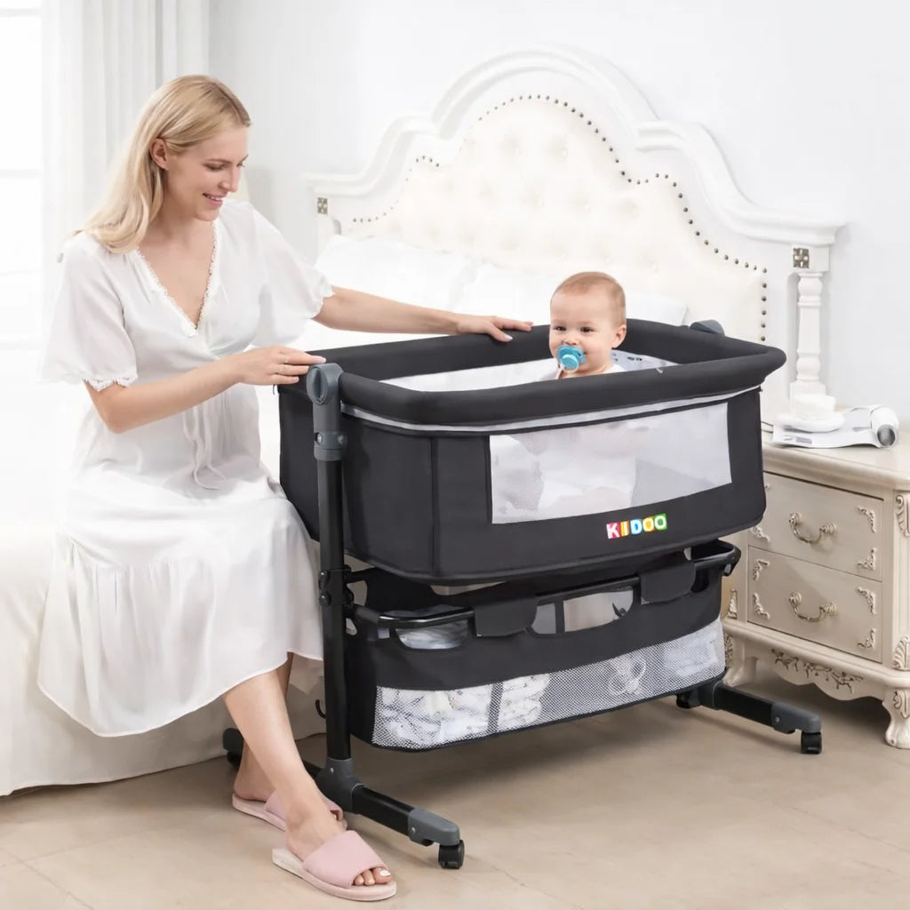 Pătuț Reglabil 6 în 1 KIDOO® pentru Bebe – Leagăn, Pătuț de Călătorie, Coș Depozitare, Plasă Țânțari, Saltea Moale, Roți 360°, Gri