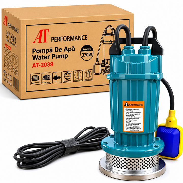 Pompa apa curata submersibila, AT-Performance AT-2039, fonta, pornire automata, cu plutitor, 370 W, Inaltime refulare 16 m, adancime absorbtie 6 m, 1.5 m3/h, 1 Tol, 220 V