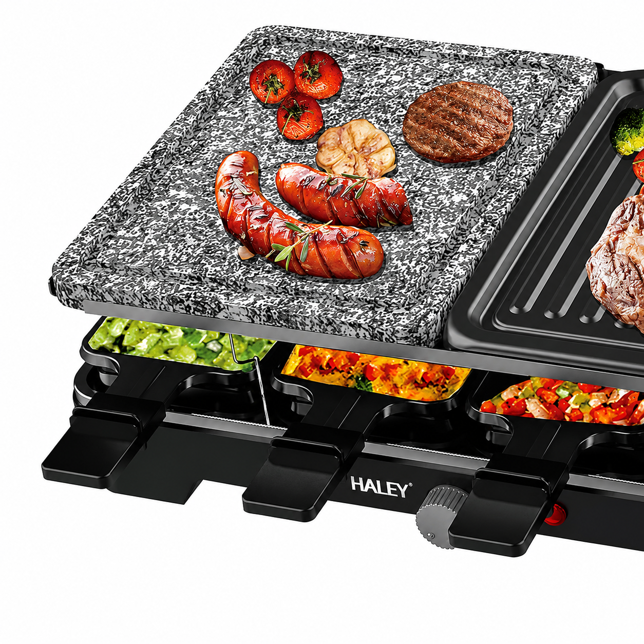 Grill Electric Multifuncțional HALEY HY-8610, 10 în 1, 1500W, Raclette cu 8 Tăvițe, Placă Grill și Piatră pentru Gătit, Temperatură Reglabilă