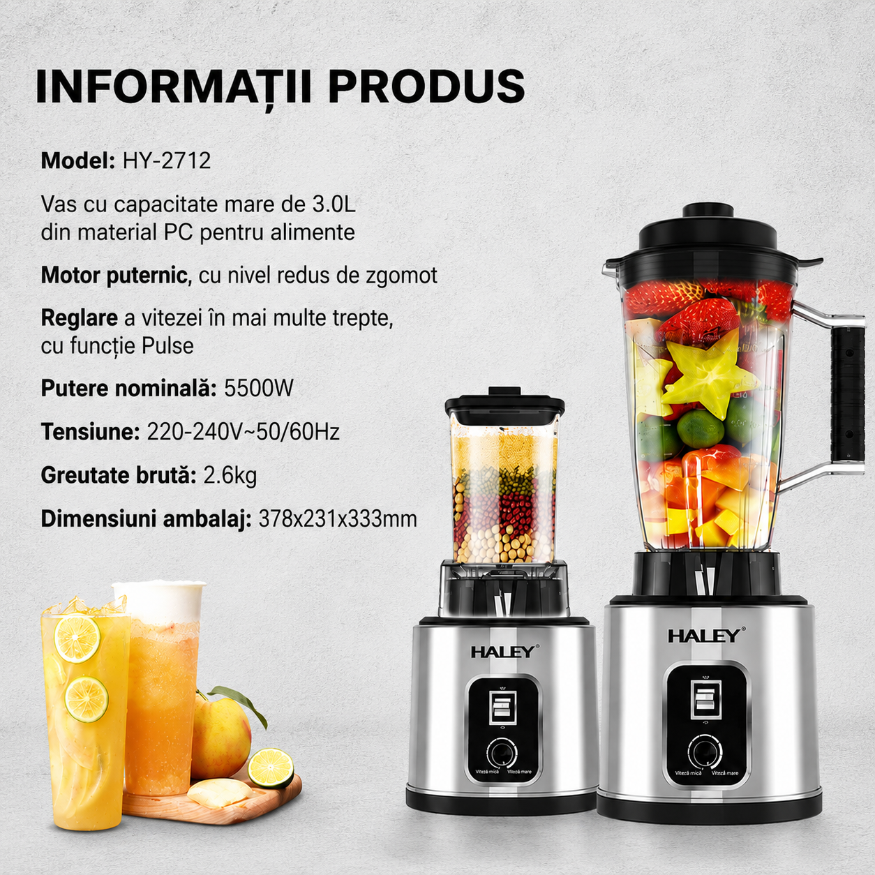 Blender Multifuncțional 2 în 1 HALEY HY-2712, 5500W, 15 Viteze + Pulse, Recipient 3L, Râșniță, Lame Inox, Funcție Autocurățare