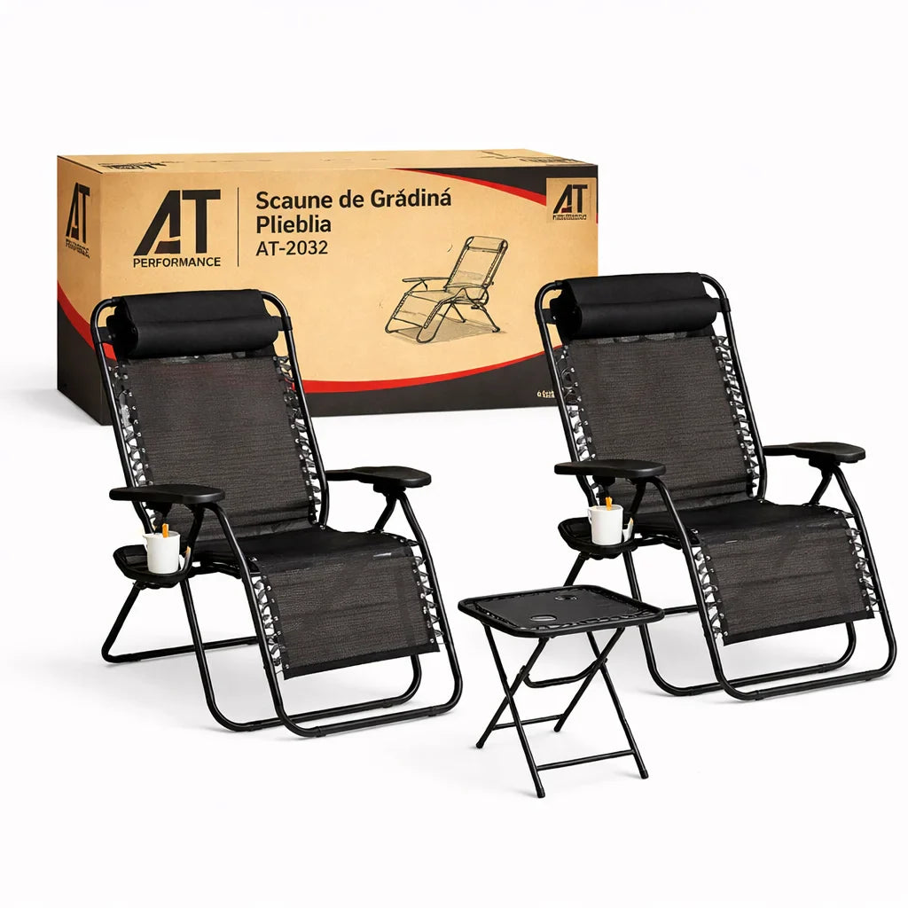 Set 2 Scaune Șezlonguri Zero Gravity + Masă cu Suport Pahare AT PERFORMANCE® – Pachet Promo Exterior