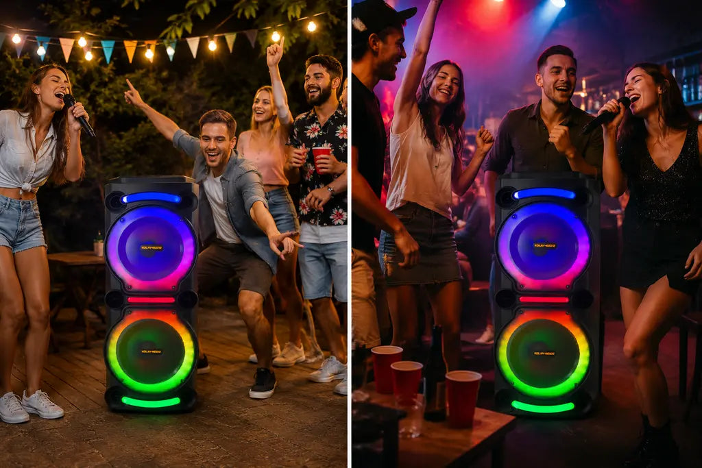 Boxă Karaoke Portabilă KOLAV-M2212, 100W RMS, 2x12", Bluetooth, 2 Microfoane Wireless, RGB LED, TWS, USB-C, TF Card, Telecomandă Inclusă