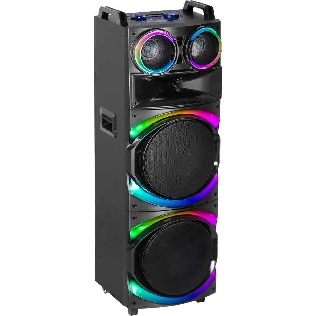Boxă Karaoke AT PERFORMANCE® Portabilă 21200W PMPO, 2 x 12", Bluetooth, 2 Microfoane Wireless, RGB LED