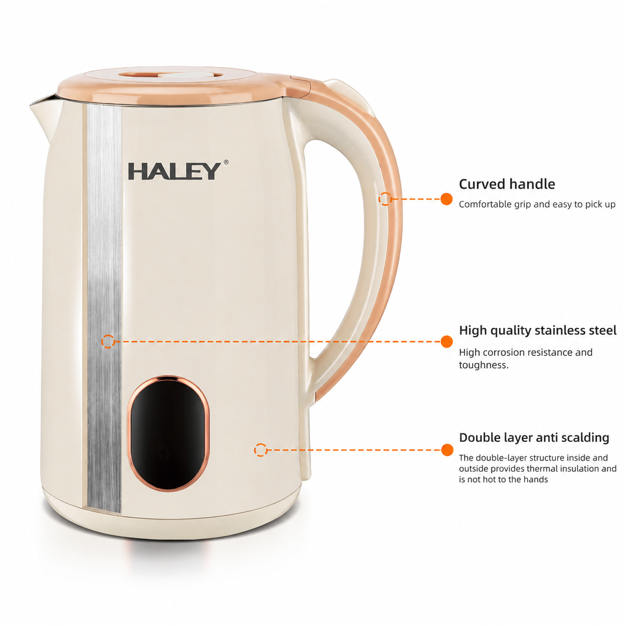 Fierbător Electric HALEY HY-8915, 2,5L, 2000W, Inox SUS 304, Bază Rotativă 360°, Oprire Automată, Protecție Fierbere Fără Apă