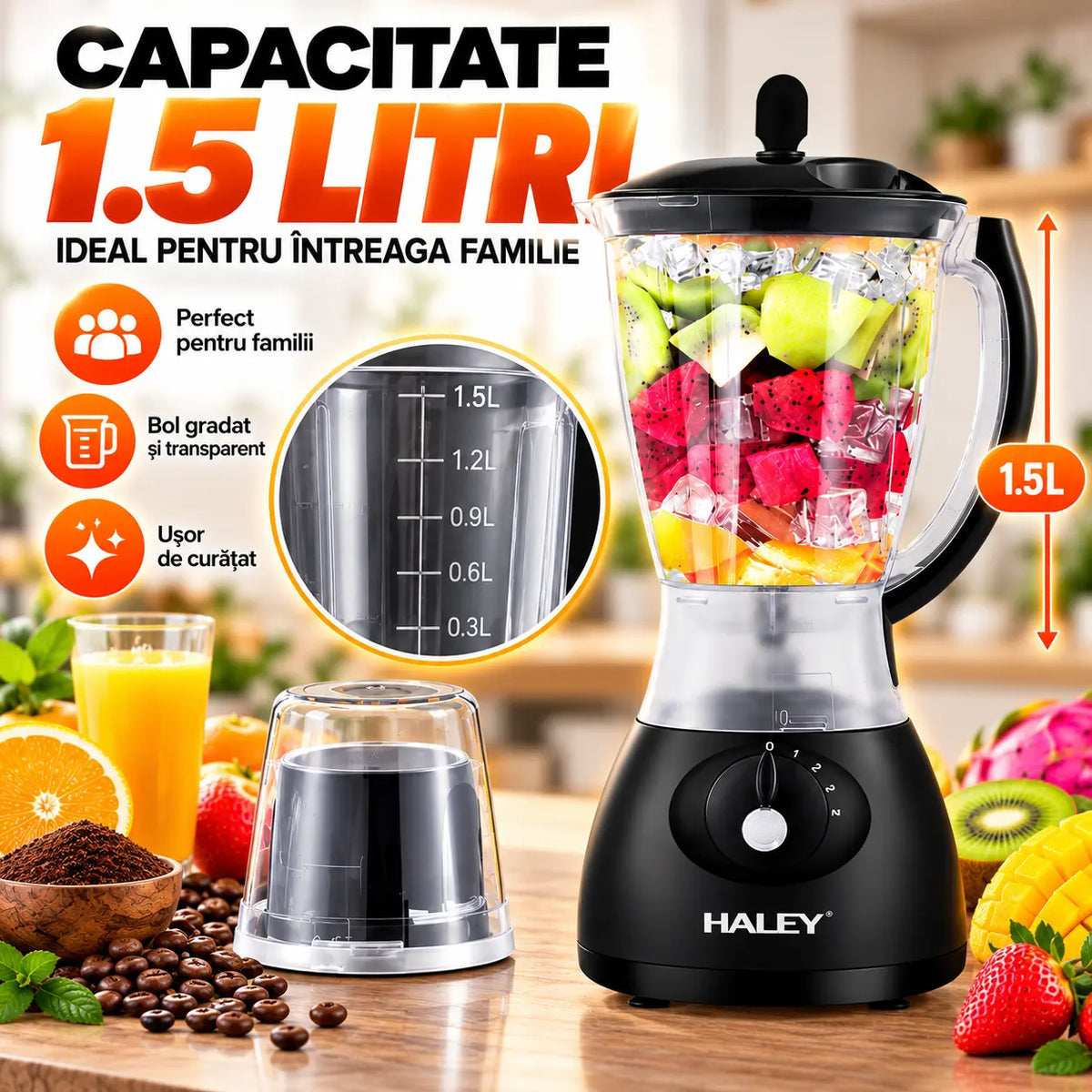 Blender Profesional HALEY 2 în 1, 500W, Motor din Cupru, 1.5L, 4 Viteze, Cu Recipient Separat pentru Măcinat