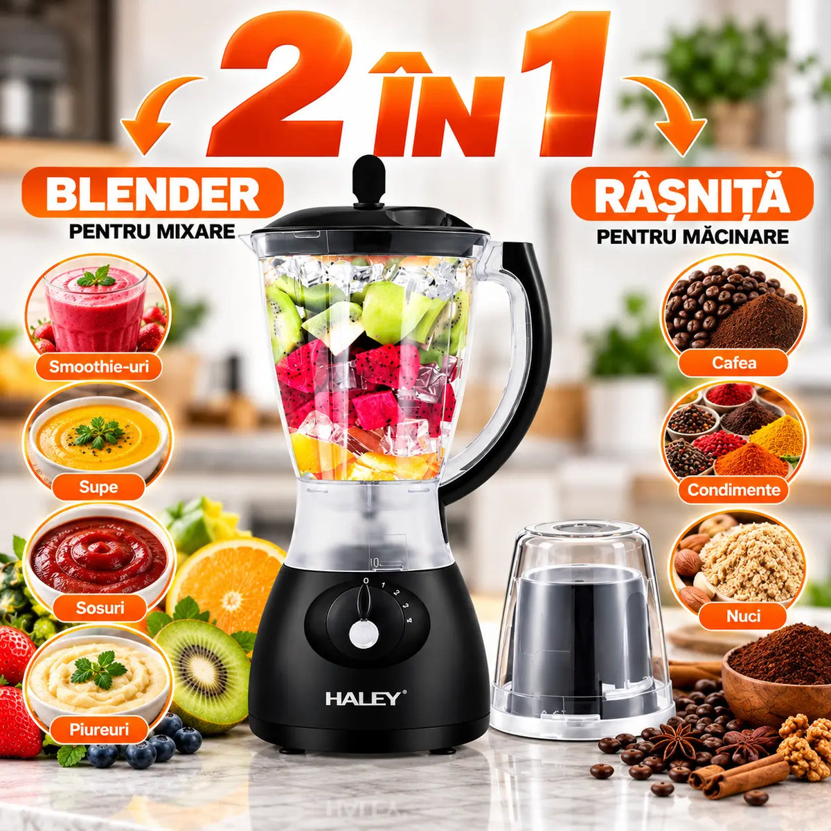 Blender Profesional HALEY 2 în 1, 500W, Motor din Cupru, 1.5L, 4 Viteze, Cu Recipient Separat pentru Măcinat