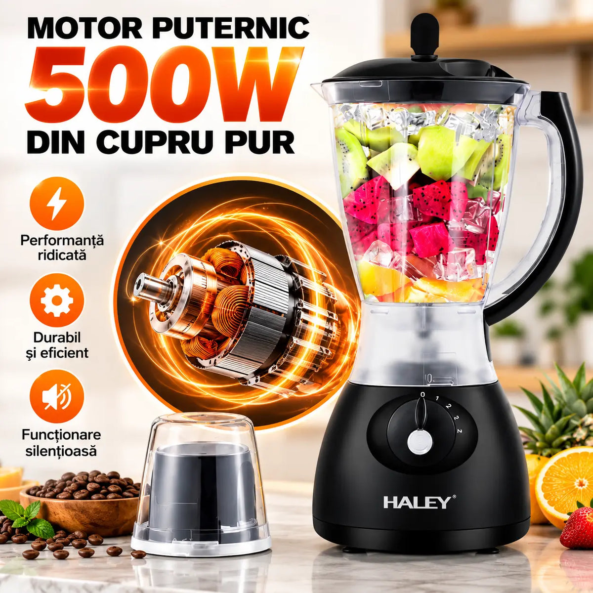 Blender Profesional HALEY 2 în 1, 500W, Motor din Cupru, 1.5L, 4 Viteze, Cu Recipient Separat pentru Măcinat