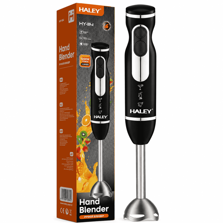 Blender Vertical De Mână Haley HY-1114, 1200W, 2 Viteze, Lame Din Oțel Inoxidabil, Funcție Anti-Stropire, Negru/Argintiu