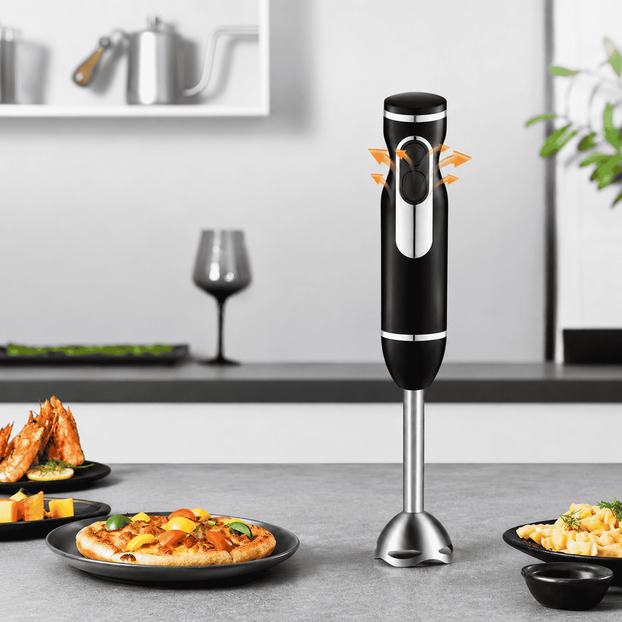Blender Vertical De Mână Haley HY-1114, 1200W, 2 Viteze, Lame Din Oțel Inoxidabil, Funcție Anti-Stropire, Negru/Argintiu