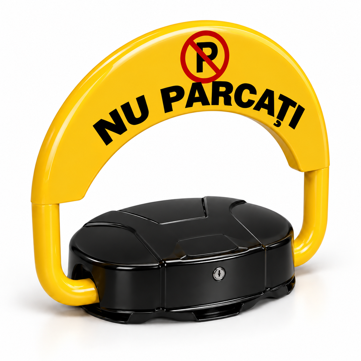 Blocator automat de parcare văzut din unghi lateral, cu baza și încuietoarea vizibile