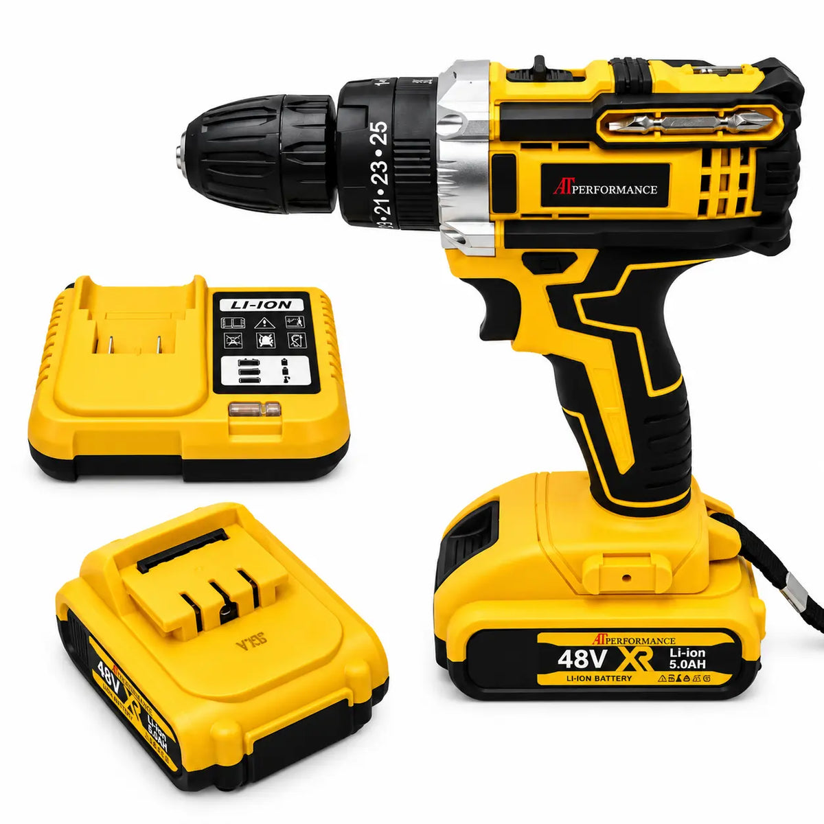 Trusă Bormașină cu Acumulator AT PERFORMANCE® 48V, 2 Baterii 5.0Ah, 2 Viteze, 42Nm, 30 Accesorii, Mandrină 13mm, Cutie Transport