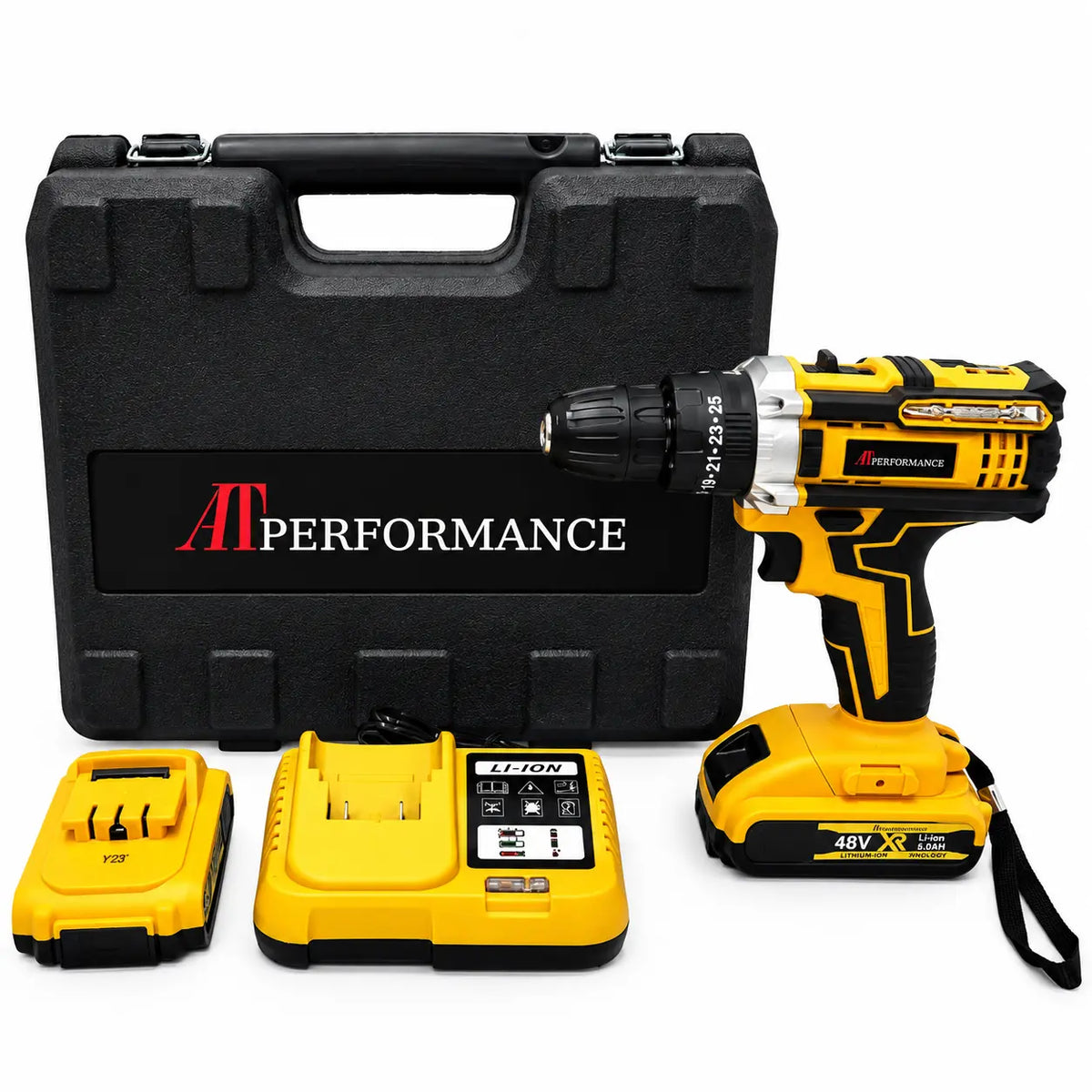 Trusă Bormașină cu Acumulator AT PERFORMANCE® 48V, 2 Baterii 5.0Ah, 2 Viteze, 42Nm, 30 Accesorii, Mandrină 13mm, Cutie Transport