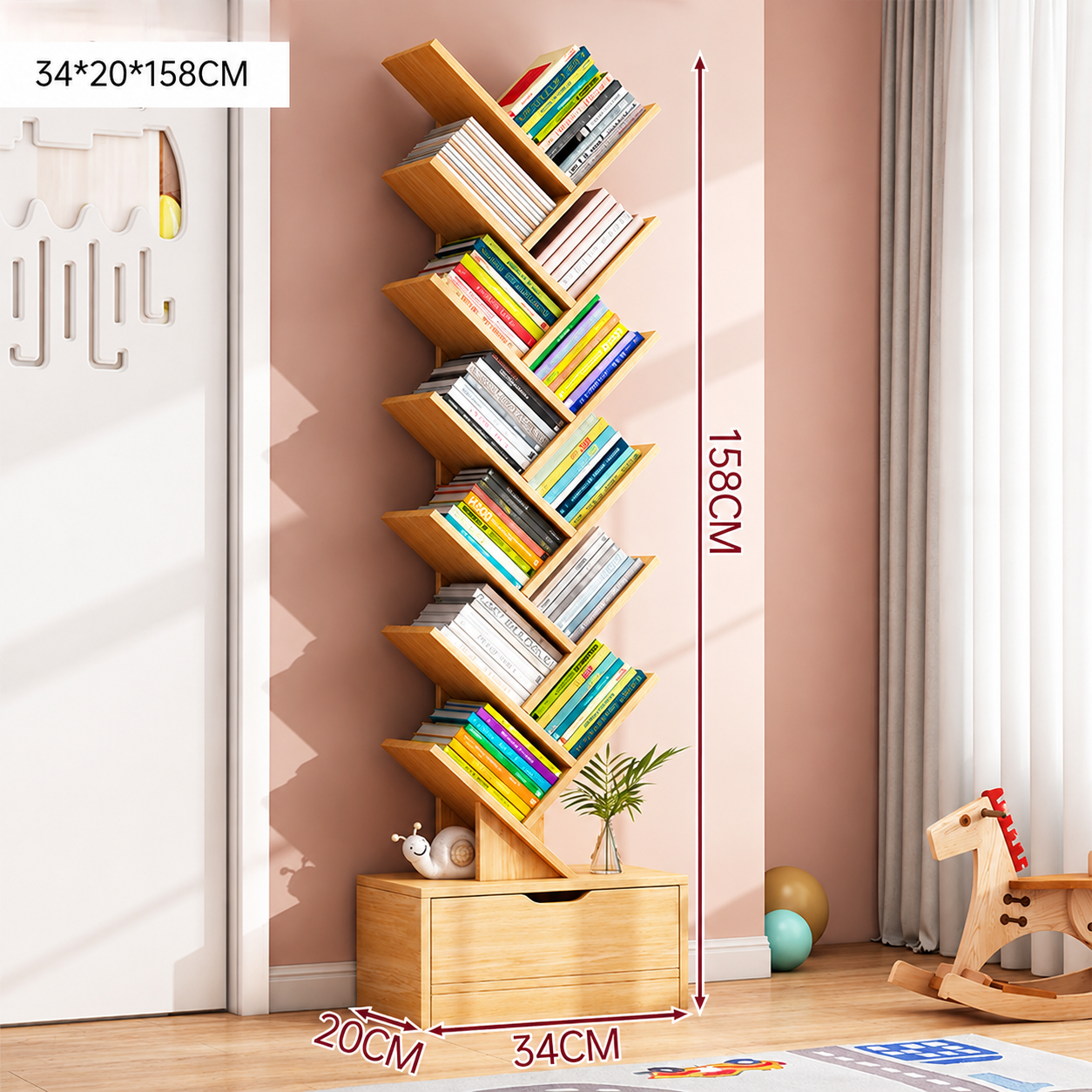 Bibliotecă Tip Arbore cu 12 Niveluri și Sertar Inferior, Raft pentru Cărți Modern, Economisire Spațiu pentru Living, Dormitor și Birou