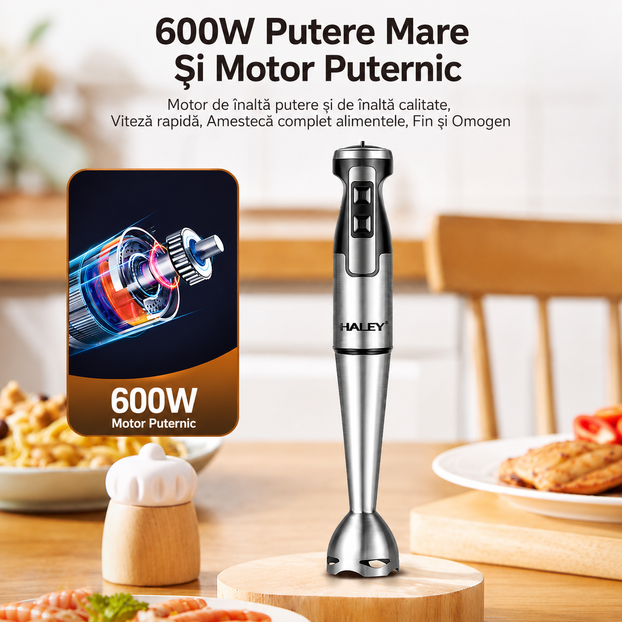 Blender Vertical De Mână Haley HY-1103, 1600W, 2 Viteze, Lame Din Oțel Inoxidabil, Picior Detașabil, Funcție Anti-Stropire, Roșu/Inox