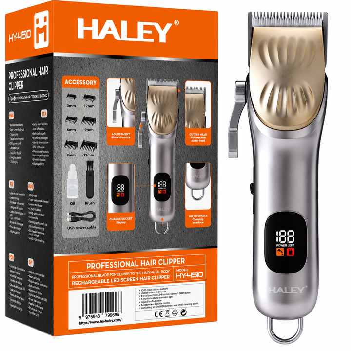 Mașină de Tuns Profesională HALEY HY-4510, Lamă Ceramică, 5 Trepte de Tăiere, Acumulator 1200mAh, Autonomie 120 Min, Încărcare USB Type-C, Display Digital