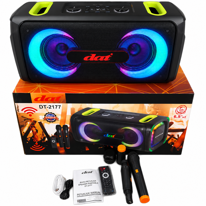 Boxă Portabilă Karaoke DAT DT-2177, Bluetooth, 2x6.5", 2 Microfoane Wireless, RGB LED, USB/TF/FM, Telecomandă, Acumulator Reîncărcabil