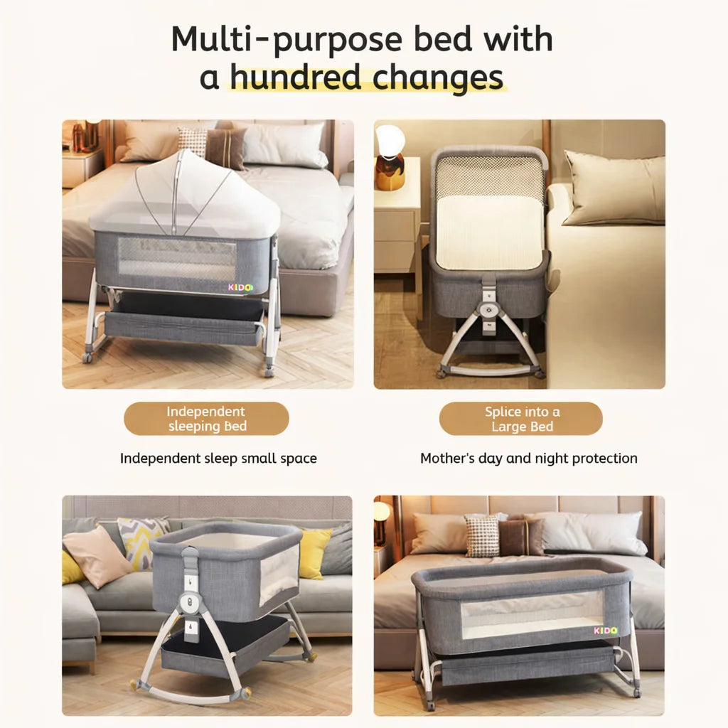 Pat portabil pentru bebeluși KIDOO® 3 în 1 cu saltea confortabilă, înălțime reglabilă, roți și pliere ușoară – ideal pentru nou-născuți, gri