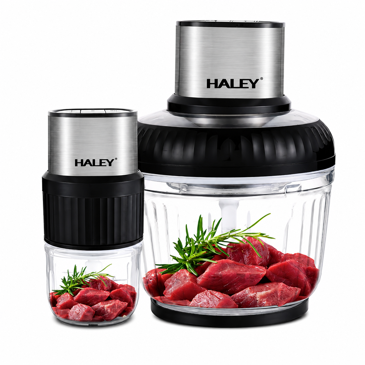 Tocător Electric Haley HY-1249, 500W, 2 Recipiente 2.5L + 0.5L, 3 Viteze, 4 + 6 Lame, Sticlă Borosilicată