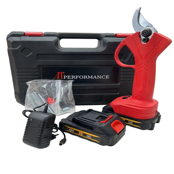 Foarfecă Electrică AT Performance cu 2 Acumulatori, Fără Fir, Lama Oțel Carbon, 5000 mAh, Rosu