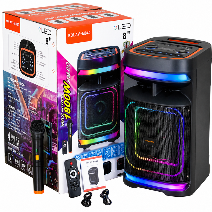 Boxă Portabilă Karaoke KOLAV M840, 8", Bluetooth, 400W, Bass Puternic, Microfon Wireless, RGB LED, USB/TF/AUX, Telecomandă, Acumulator Reîncărcabil