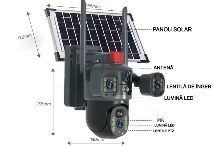 Cameră Supraveghere Solară cu 4 Camere AT PERFORMANCE® – 4K UltraHD, 4G SIM, Detecție Mișcare, Viziune Nocturnă 360°  Această cameră de supraveghe + Cadou Card SD 32GB