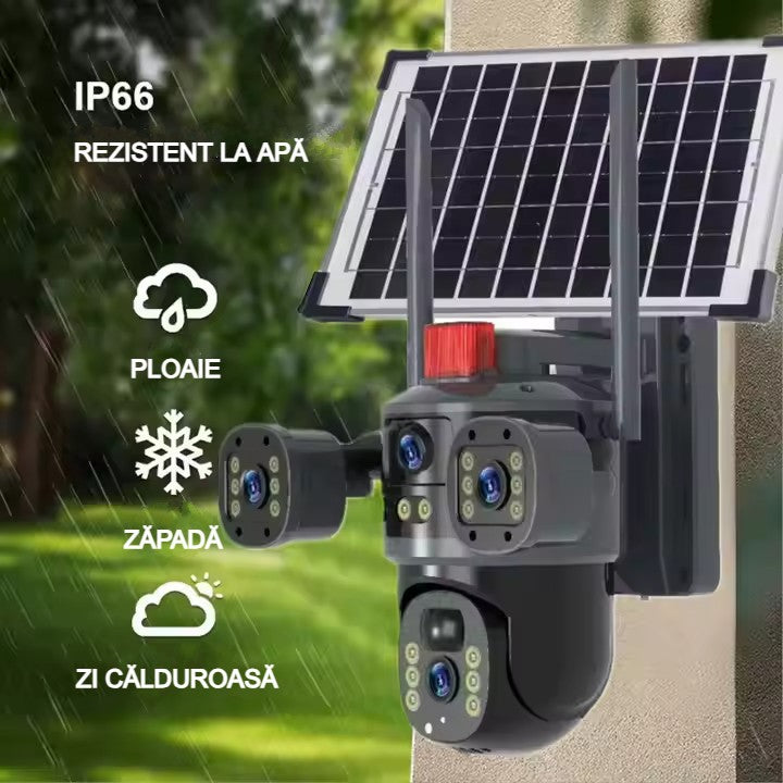 Cameră Supraveghere Solară cu 4 Camere AT PERFORMANCE® – 4K UltraHD, 4G SIM, Detecție Mișcare, Viziune Nocturnă 360°  Această cameră de supraveghe + Cadou Card SD 32GB