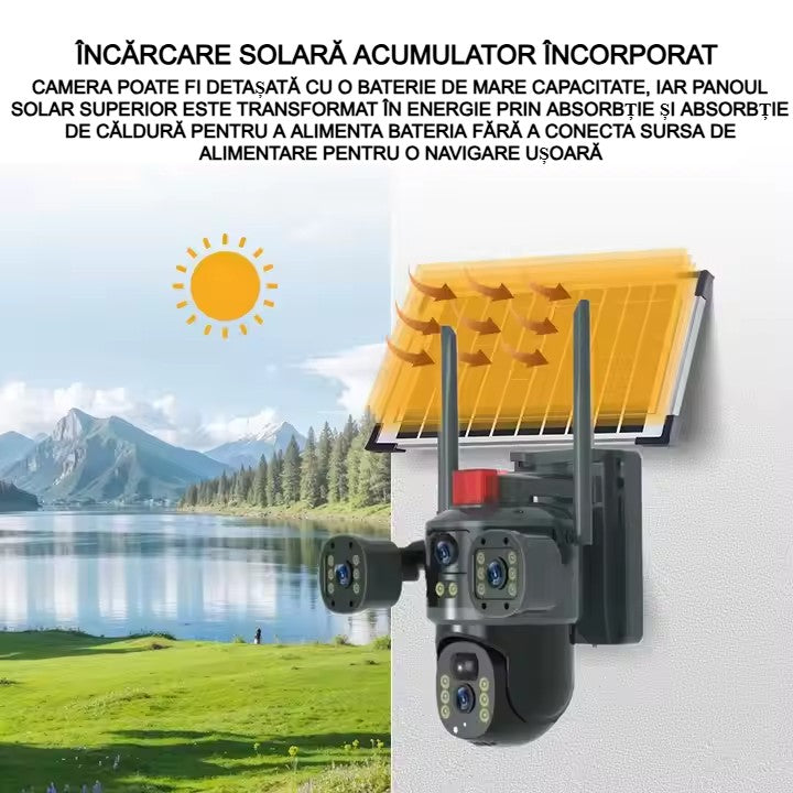 Cameră Supraveghere Solară cu 4 Camere AT PERFORMANCE® – 4K UltraHD, 4G SIM, Detecție Mișcare, Viziune Nocturnă 360°  Această cameră de supraveghe + Cadou Card SD 32GB