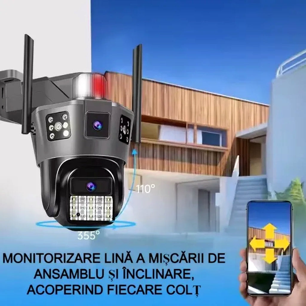 Cameră de Supraveghere AT PERFORMANCE® Exterior 4G SIM PTZ 355° – Triple Screen, Detectare Mișcare, Vedere Nocturnă HD