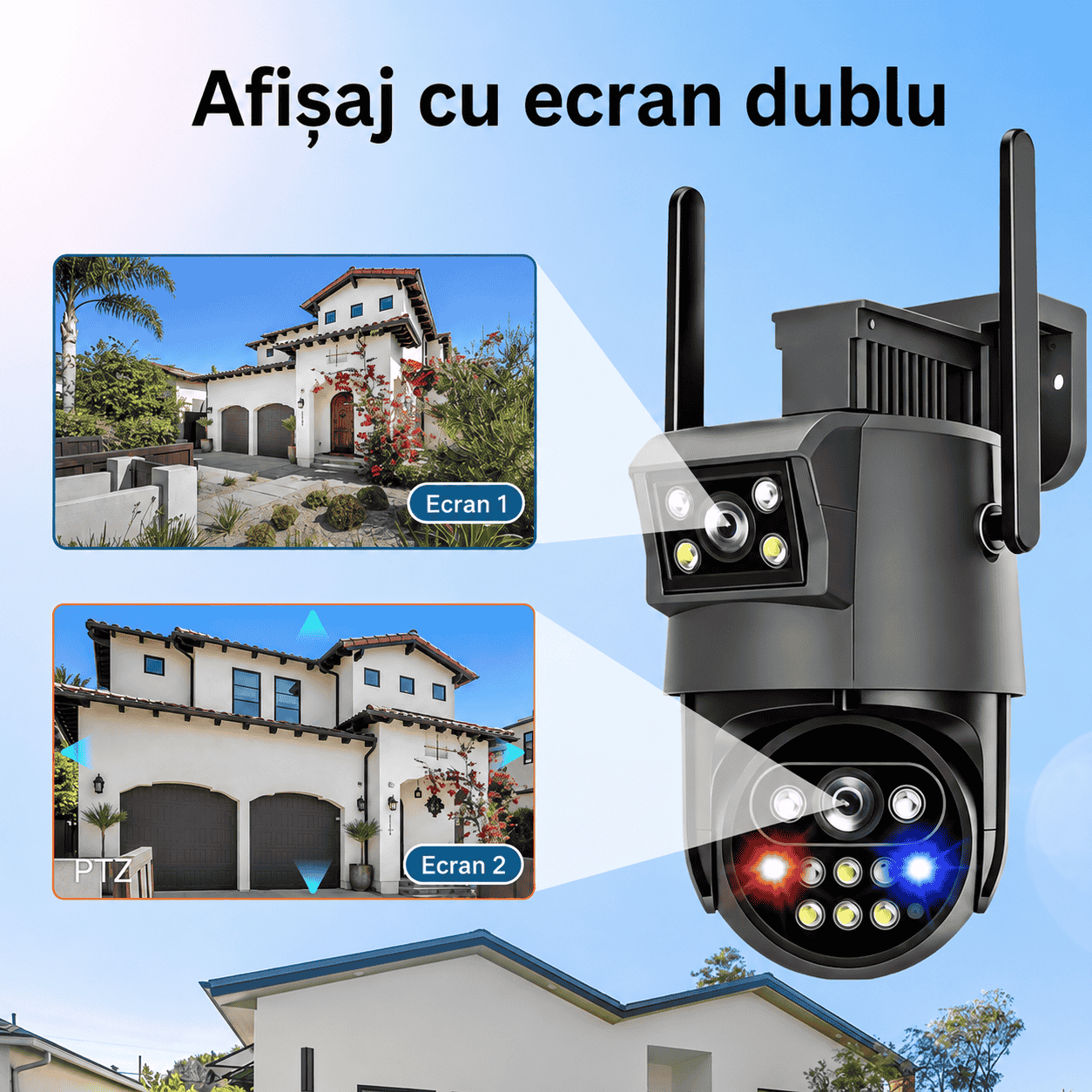 Cameră de Supraveghere Solară 4G AOV cu 2 Obiective, Monitorizare Video Continuă 24H, IP66, Acumulator Integrat, Panou Solar, Card TF și Cloud, Alarmă cu Notificări