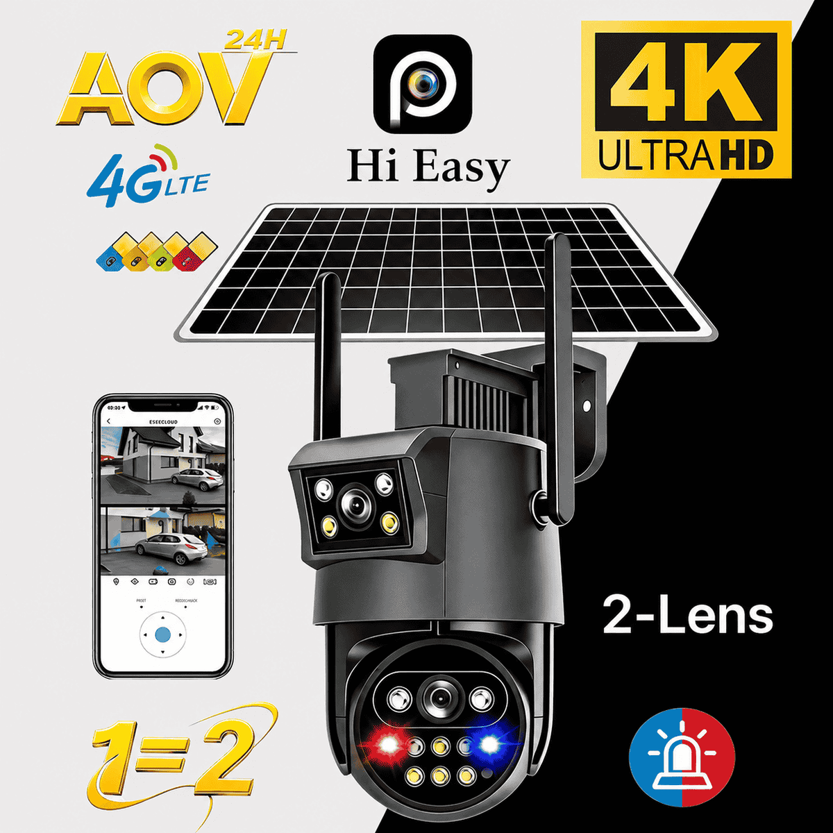 Cameră de Supraveghere Solară 4G AOV cu 2 Obiective, Monitorizare Video Continuă 24H, IP66, Acumulator Integrat, Panou Solar, Card TF și Cloud, Alarmă cu Notificări