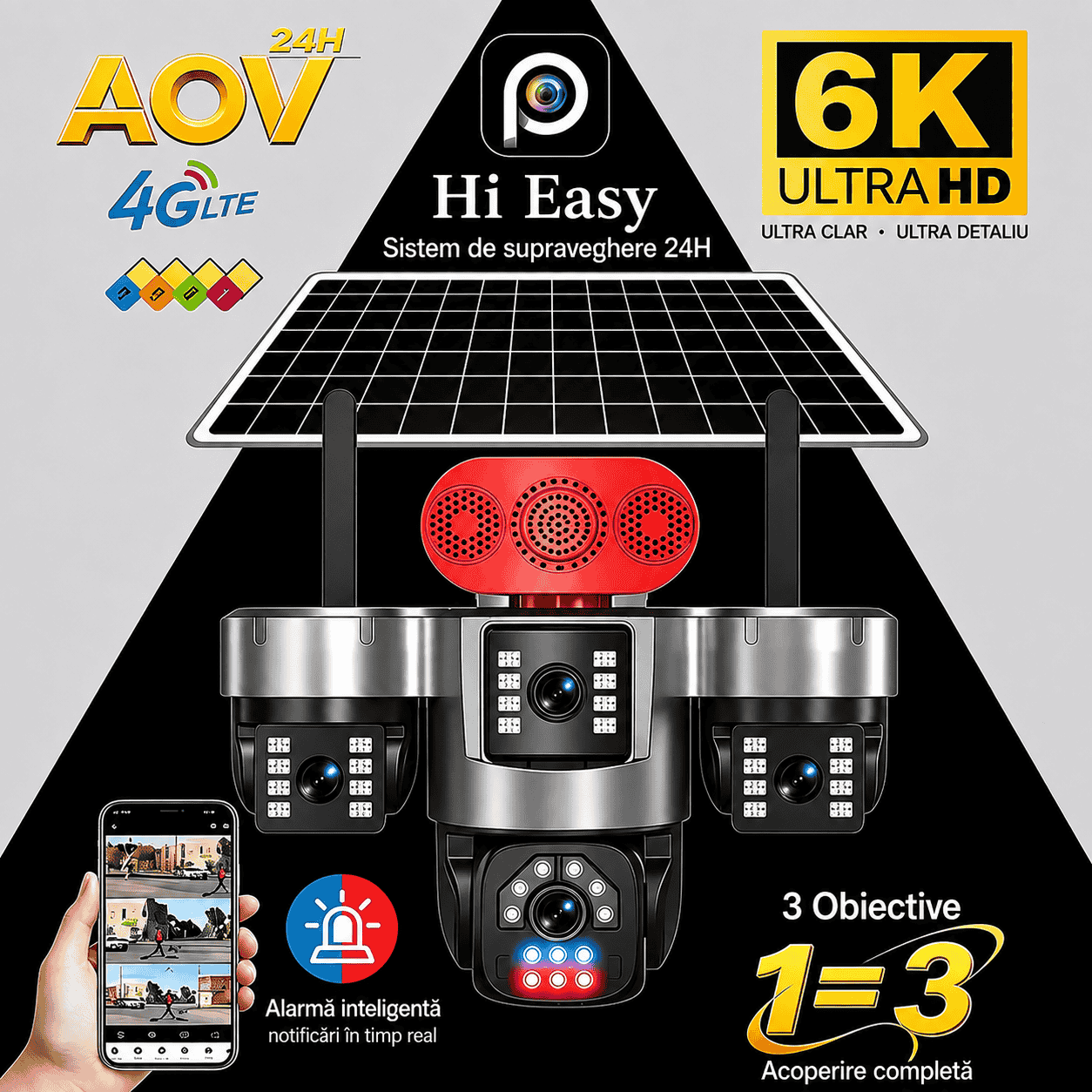 Cameră de Supraveghere Solară 4G cu 3 Obiective, 6K Ultra HD, AOV Înregistrare Continuă 24/24, IP66, Acumulator Integrat, Panou Solar, Card TF și Cloud, Alarmă cu Notificări