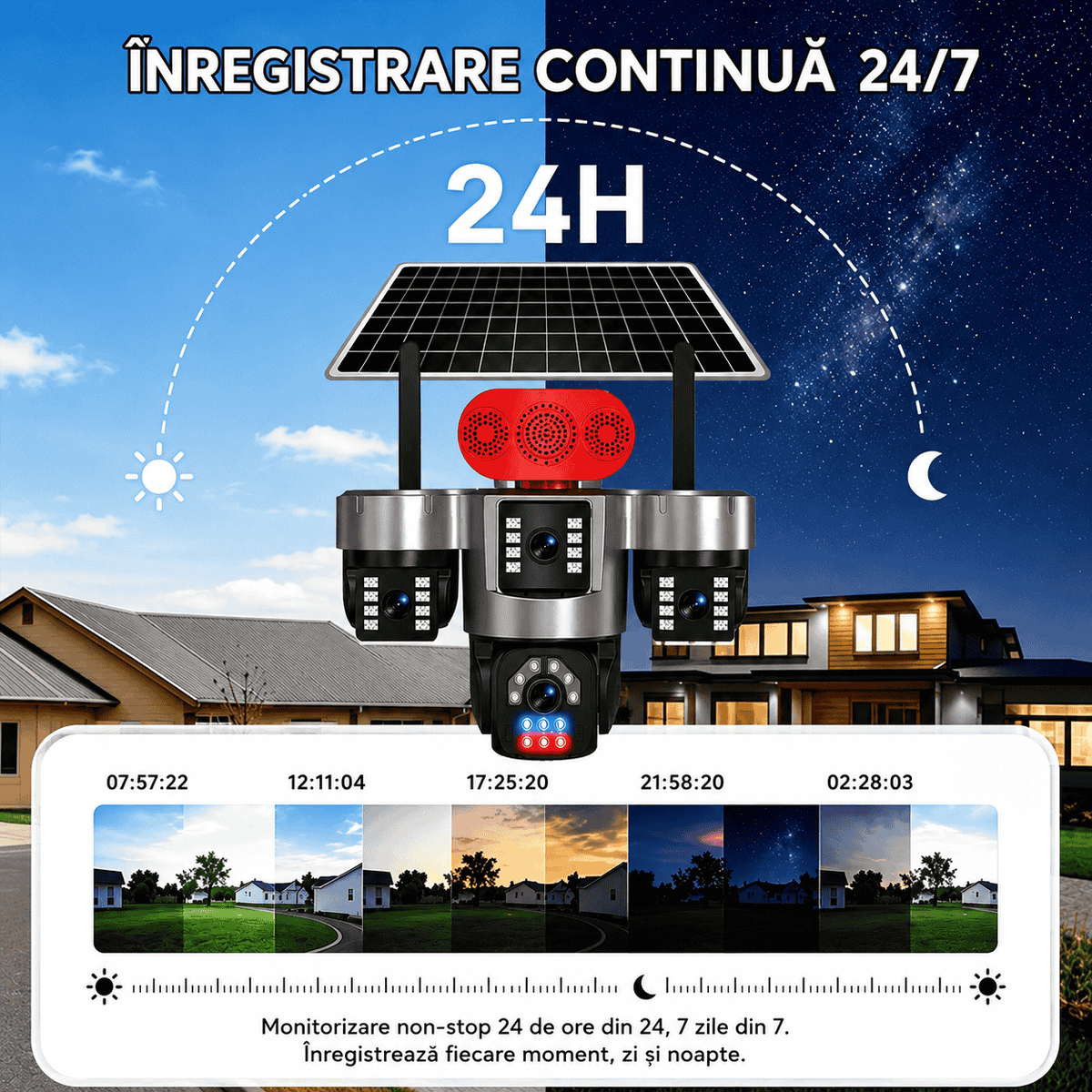 Cameră de Supraveghere Solară 4G cu 3 Obiective, 6K Ultra HD, AOV Înregistrare Continuă 24/24, IP66, Acumulator Integrat, Panou Solar, Card TF și Cloud, Alarmă cu Notificări