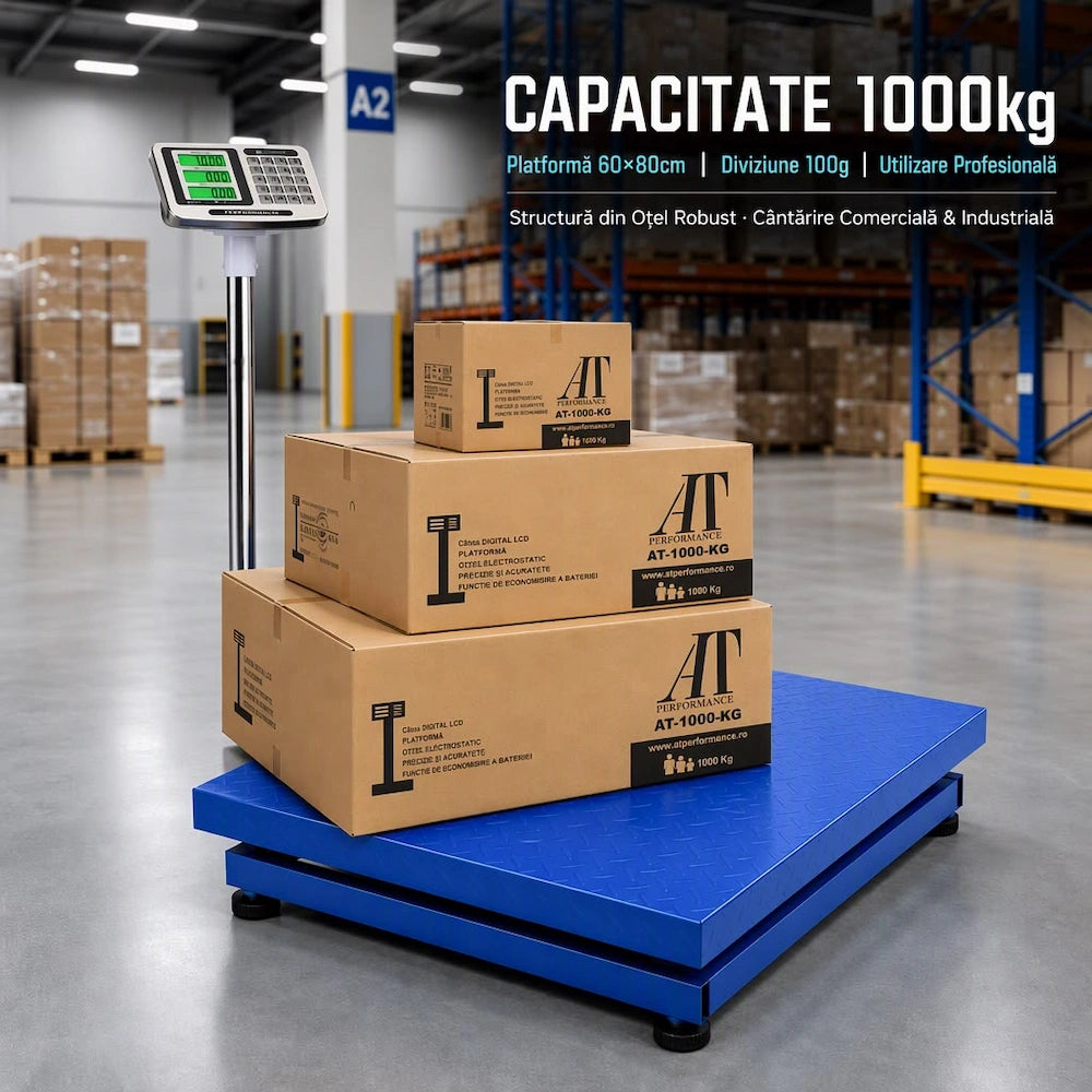 Cantar electronic AT PERFORMANCE, industrial 1000 kg, platforma 60×80 cm, tabla groasa striata, brat, albastru