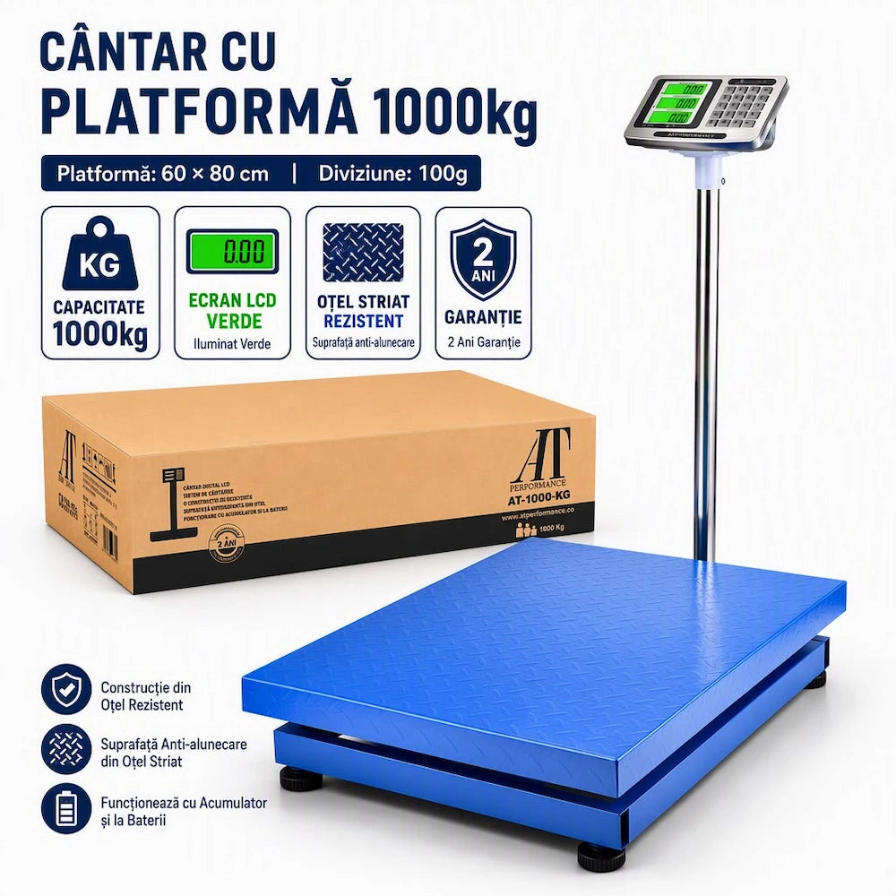Cantar electronic AT PERFORMANCE, industrial 1000 kg, platforma 60×80 cm, tabla groasa striata, brat, albastru