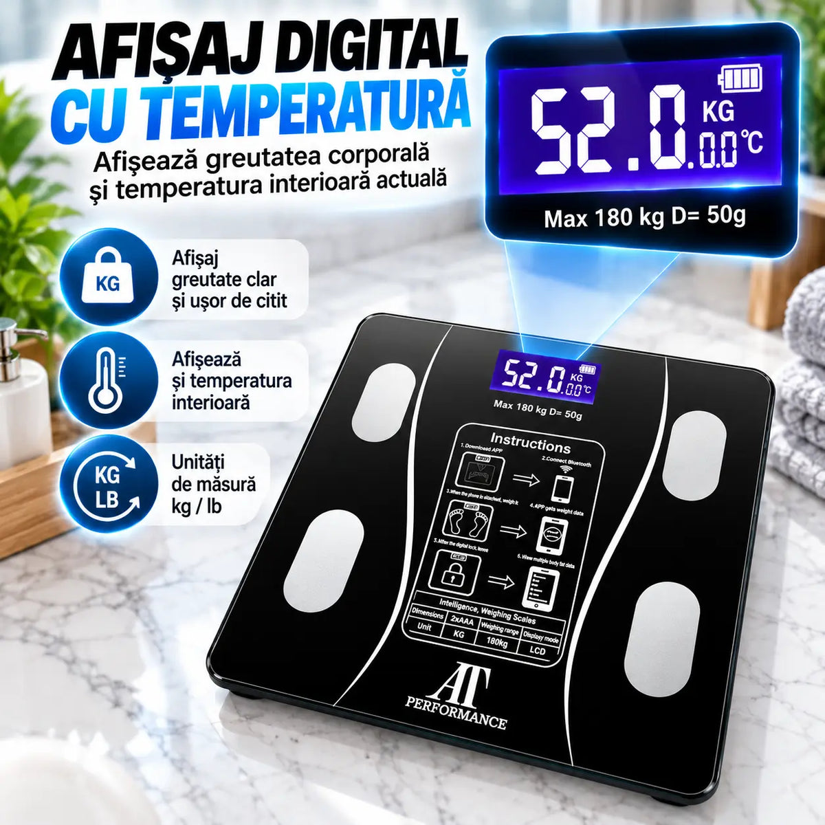 Cântar Personal Analitic AT PERFORMANCE® cu Aplicație Smart, Bluetooth, Afișaj Digital, Termometru, Max. 180 kg, Negru