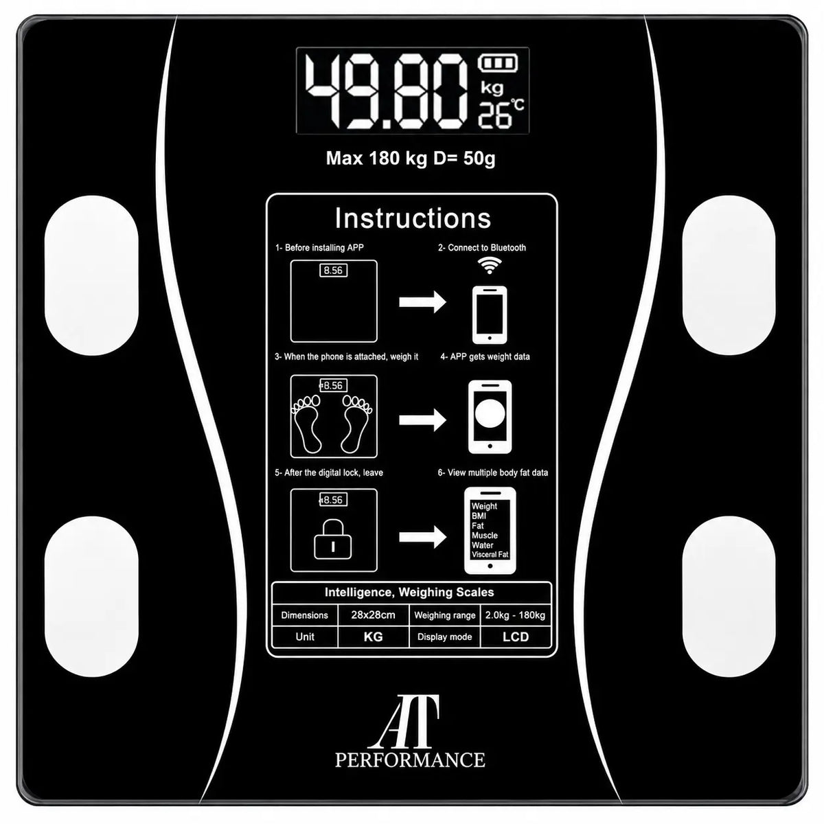 Cântar Personal Analitic AT PERFORMANCE® cu Aplicație Smart, Bluetooth, Afișaj Digital, Termometru, Max. 180 kg, Negru
