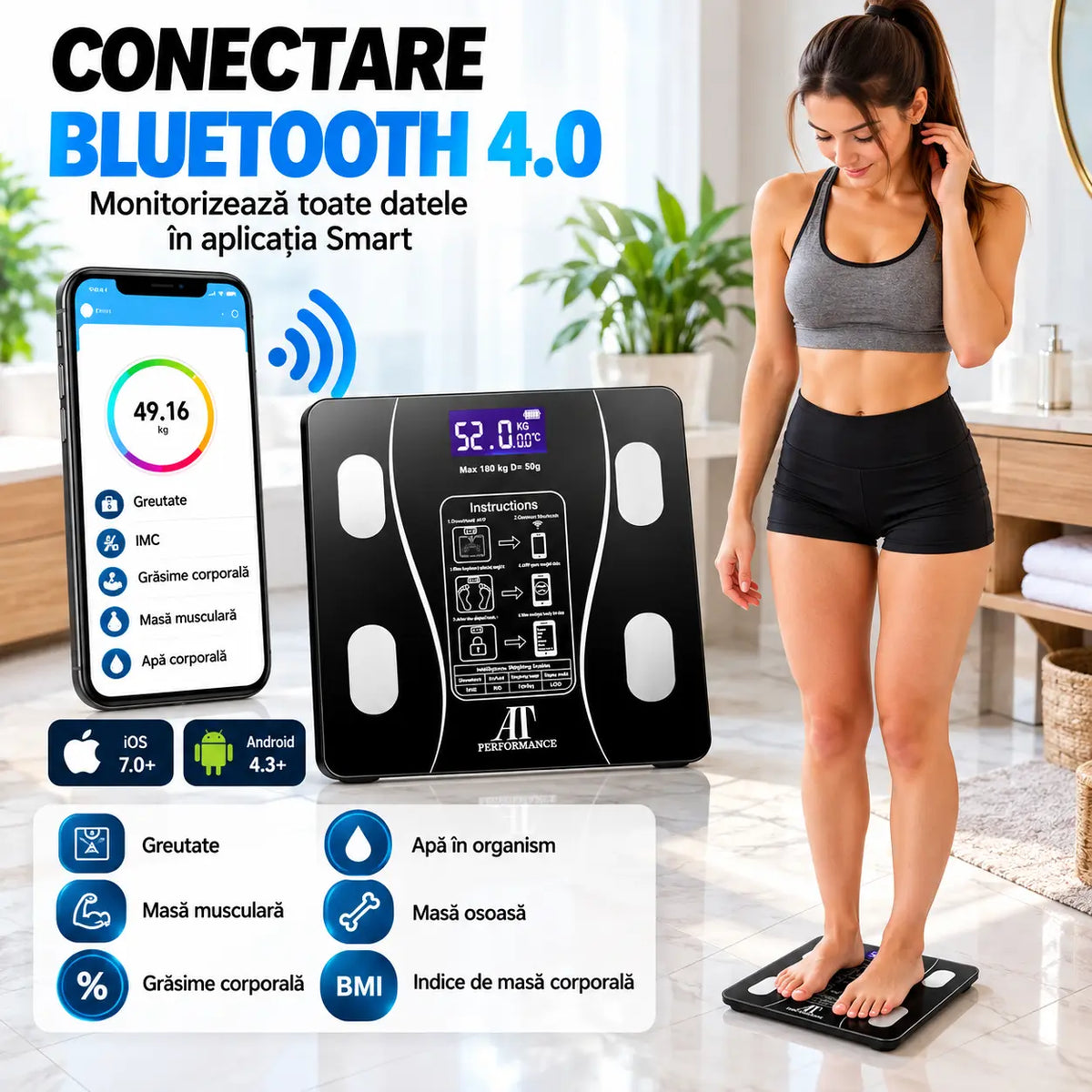 Cântar Personal Analitic AT PERFORMANCE® cu Aplicație Smart, Bluetooth, Afișaj Digital, Termometru, Max. 180 kg, Negru