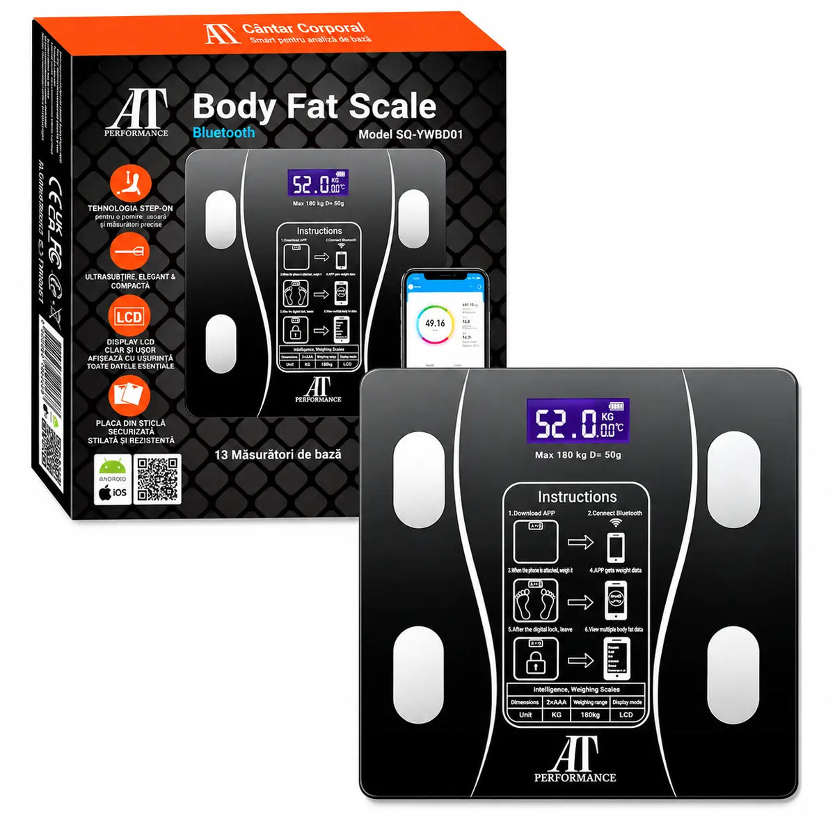 Cântar Personal Analitic AT PERFORMANCE® cu Aplicație Smart, Bluetooth, Afișaj Digital, Termometru, Max. 180 kg, Negru
