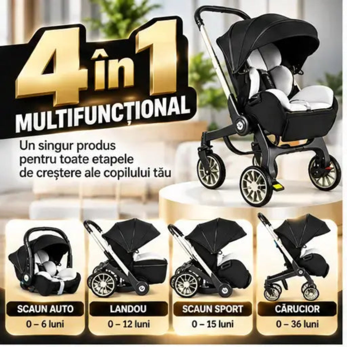Cărucior 4 în 1 pentru Bebeluși Stroller Plus 2053 – Sistem Multifuncțional, 0-3 Ani