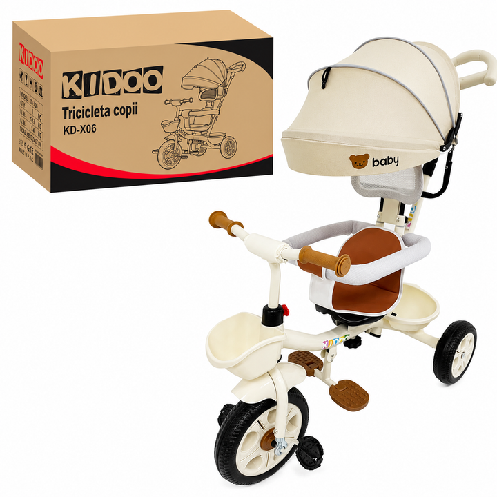 Tricicletă Evolutivă Kiddo KD-X06, Scaun Rotativ 360°, Copertină UV, Roți din Cauciuc, 9 Luni – 6 Ani