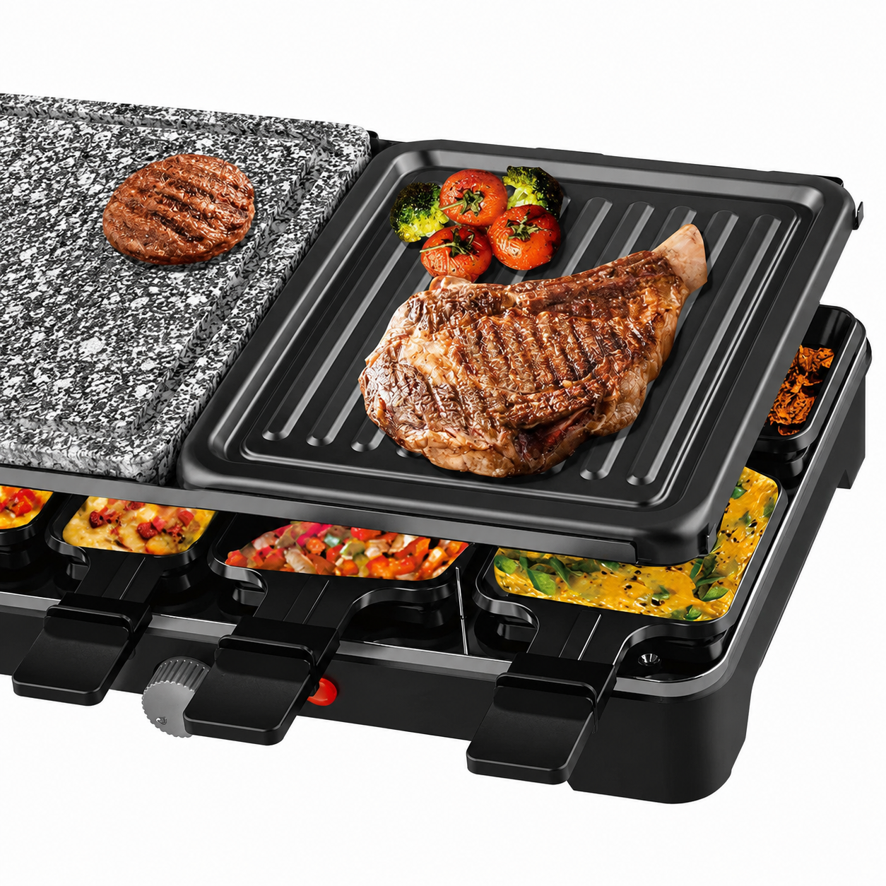 Grill Electric Multifuncțional HALEY HY-8610, 10 în 1, 1500W, Raclette cu 8 Tăvițe, Placă Grill și Piatră pentru Gătit, Temperatură Reglabilă
